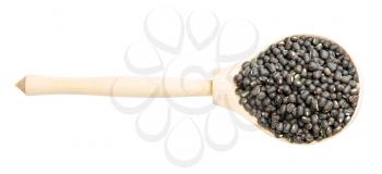 top view of raw whole black urad beans in wood spoon isolated on white background