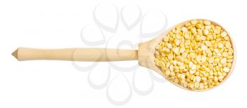 top view of raw moong dal (split green mung) beans in wood spoon isolated on white background