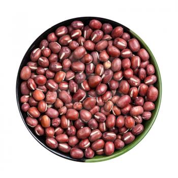 top view of raw adzuki beans in round bowl isolated on white background