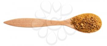 top view of granulated coconut blossom sugar in wood spoon isolated on white background