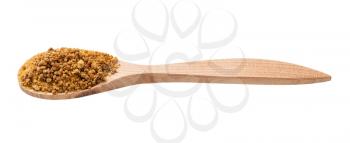 granulated coconut blossom sugar in wooden spoon isolated on white background