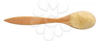 top view of granulated coconut sugar in wood spoon isolated on white background