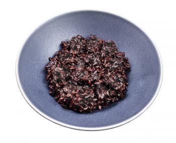 boiled black rice in gray bowl isolated on white background