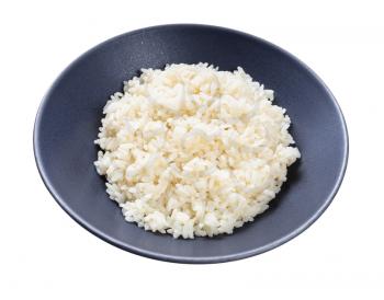 boiled parboiled rice in gray bowl isolated on white background