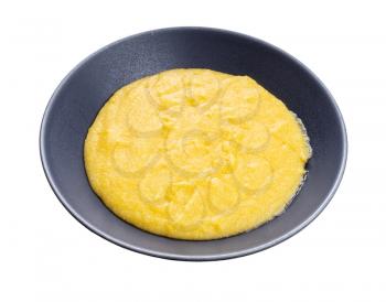 cooked polenta in gray bowl isolated on white background