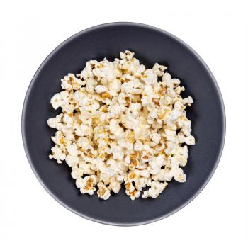 top view of popped corn in gray bowl isolated on white background
