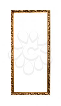 narrow tall golden picture frame with cut out canvas isolated on white background