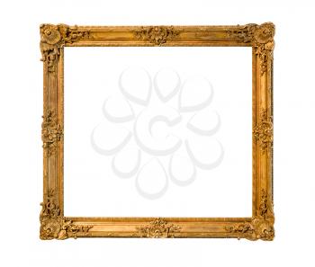 old ornamental wooden picture frame with cut out canvas isolated on white background
