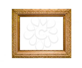 wide classic carved wooden picture frame with cut out canvas isolated on white background