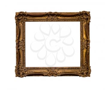 ancient dark ornamental picture frame with cut out canvas isolated on white background