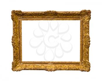 old wide baroque golden picture frame with cut out canvas isolated on white background