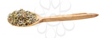 old dried lavender in wooden spoon isolated on white background