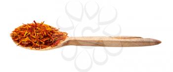 dried safflower petals in wooden spoon isolated on white background