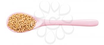 top view of white mustard seeds (sinapis alba) in ceramic spoon isolated on white backgrouns