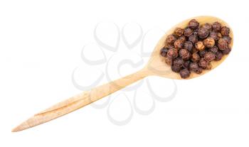 top view of red kampot pepper in wood spoon isolated on white backgrouns