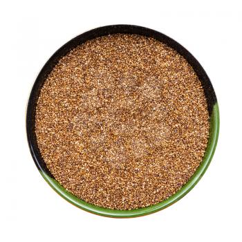top view of whole-grain teff seeds in round bowl isolated on white background