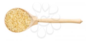 top view of wood spoon with raw parboiled long-grain rice isolated on white background