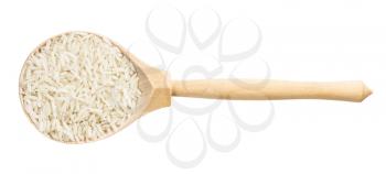 top view of wood spoon with uncooked polished long-grain jasmine rice isolated on white background