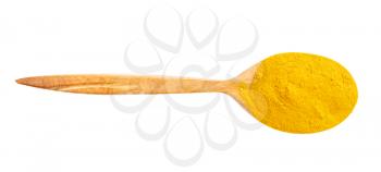 top view of wood spoon with curcuma (turmeric) powder isolated on white background