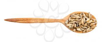 top view of wood spoon with milk thistle seeds isolated on white background