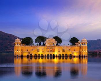 Rajasthan landmark - Jal Mahal Water Palace on Man Sagar Lake in the evening in twilight. Jaipur, Rajasthan, India