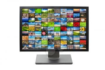 Modern LCD HDTV screen with image gallery isolated on white background