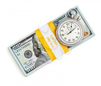 Time is money loan concept background - stopwatch and stack of new 100 US dollars 2013 edition banknotes bills bundles isolated on white