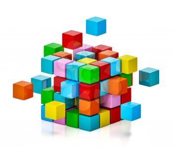 Business teamwork internet communication concept - colorful color cubes assembling into  cubic structure isolated on white with reflection