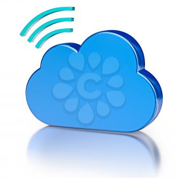 Remote wireless database cloud computing technology storage concept - blue glossy cloud with wireless symbol with reflection on white