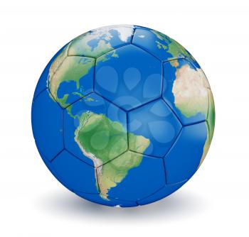 Soccer ball shaped earth world isolated on white background. Map used is from computer generated map from www.shadedrelief.com and is in public domain