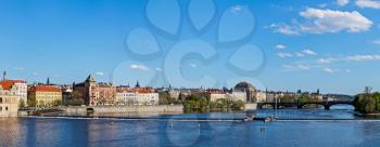 Panorama of Prague Stare Mesto embankment and Vltava river view from Charles bridge. Prague, Czech Republic