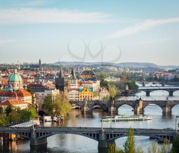 Travel Prague concept background - elevated view of bridges over Vltava river from Letna Park. Prague, Czech Republic