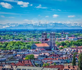 Aerial view of Munich with Bavarian Alps in background, Bavaria, Germany