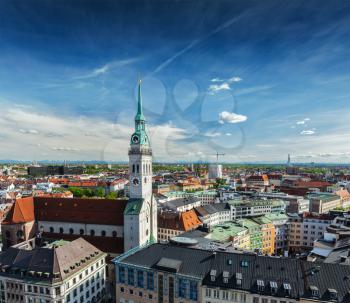 Aerial view of Munich and St. Peter Church  - Marienplatz and Altes Rathaus, Bavaria, Germany