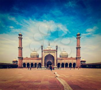 Vintage retro hipster style travel image of Jama Masjid - largest muslim mosque in India. Delhi, India