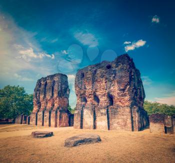 Vintage retro hipster style travel image of ancient Royal Palace ruins - UNESCO World Heritage Site. Pollonaruwa, Sri Lanka