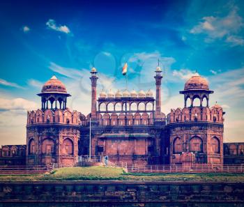 Vintage retro hipster style travel image of India travel tourism background - Red Fort (Lal Qila) Delhi - World Heritage Site. Delhi, India