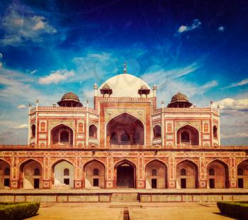 Vintage retro hipster style travel image of Humayun Tomb marble mausoleum, Delhi, India with grunge texture overlaid