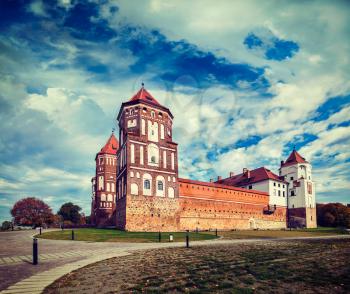 Vintage retro effect filtered hipster style travel image of medieval Mir castle famous landmark in town Mir, Belarus
