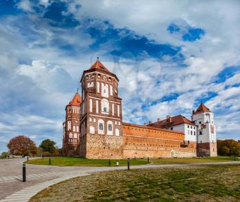 Travel belarus background - Medieval Mir castle famous landmark in town Mir, Belarus