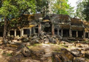 Travel Cambodia concept background - panorama of ancient ruins of Ta Prohm temple, Angkor, Cambodia