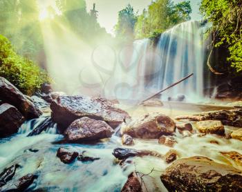 Vintage retro effect filtered hipster style image of tropical waterfall Phnom Kulen, Cambodia