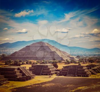 Vintage retro hipster style travel image of travel Mexico background - Ancient Pyramid of the Sun. Teotihuacan. Mexico