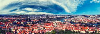 Vintage retro hipster style travel image of aerial panorama of Hradchany: the Saint Vitus (St. Vitt's) Cathedral and Prague Castle. Prague, Czech Republic