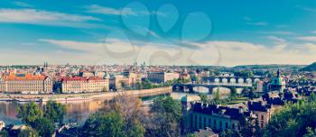 Panoramic view of bridges over Vltava river from Letna Park. Prague, Czech Republic. Stitched panorama