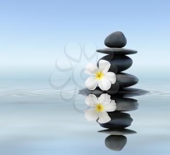 Zen spa concept background - Zen massage stones with frangipani plumeria flower in water reflection