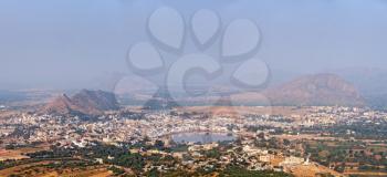 Panorama Holy city Pushkar and Puchkar Mela (camel fair) aerial view from Savitri temple. Rajasthan, India
