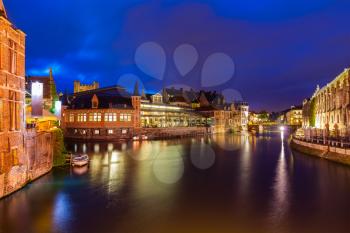Travel Europe Belgium background - Ghent canal in twilight the evening. Ghent, Belgium