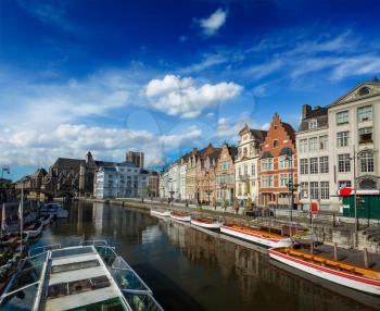 Travel Belgium medieval european city town background with canal. Koperlei street, Ghent, Belgium