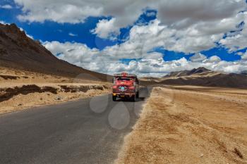 Manali-Leh road in Indian Himalayas with lorry. More plains, Ladakh, India